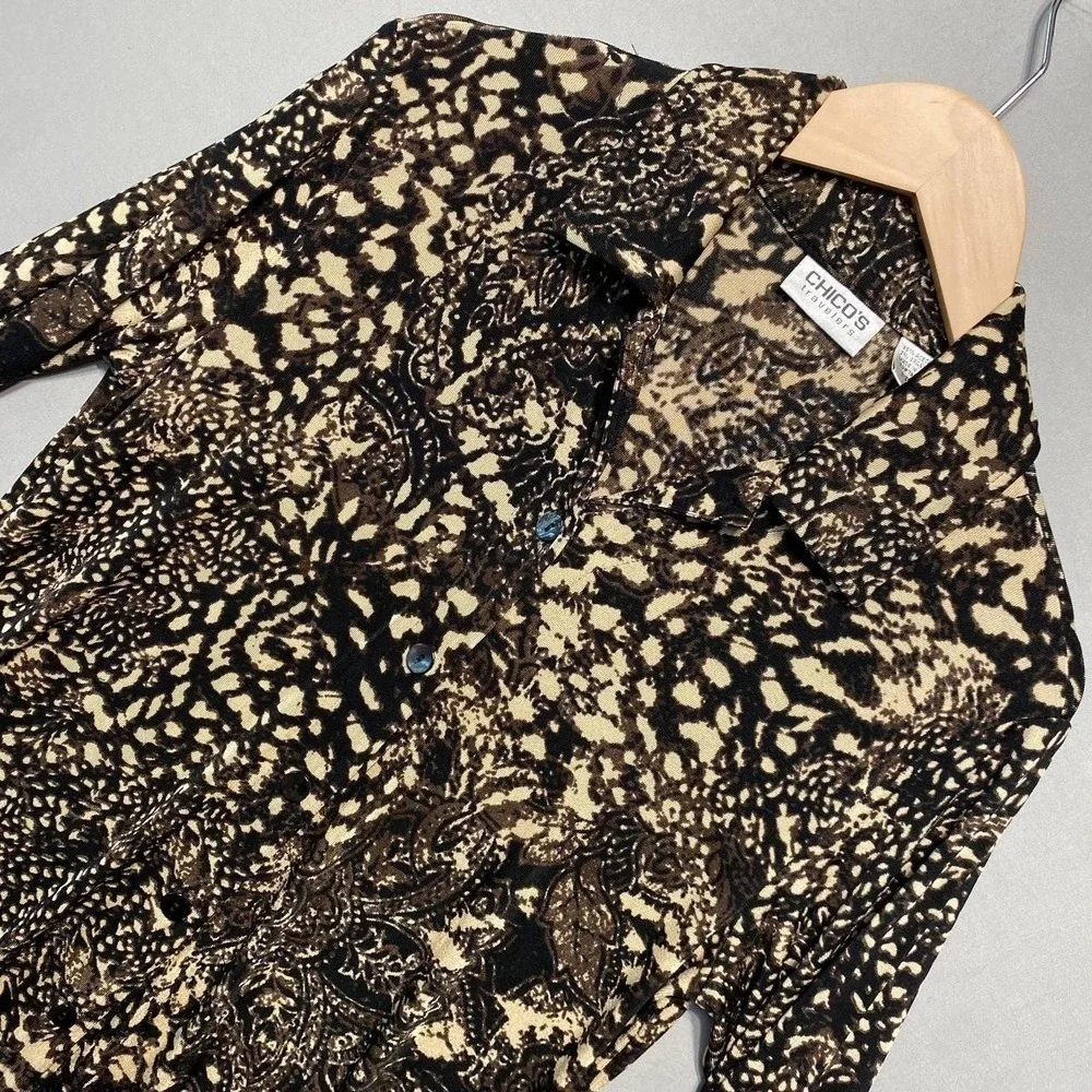 Chicos Travelers Shirt Dress Womens M Brown‎ Abstract Slinky Knit Stretch Travel